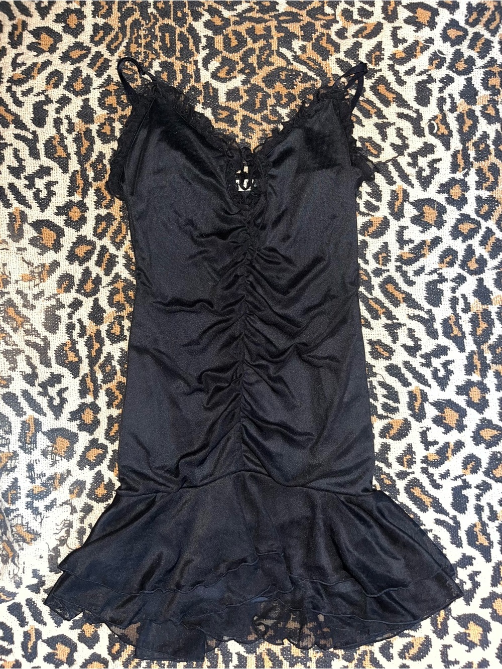 Ardene Black Mini Dress with Ruching and Ruffle Hem
